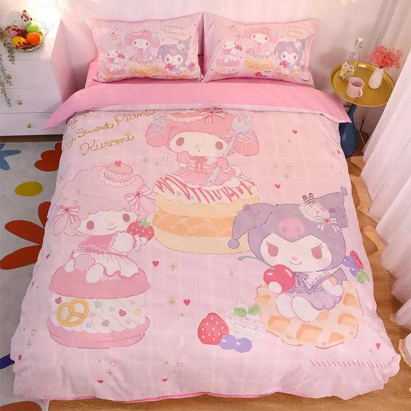 Sanrio Kawaii Cotton Four-piece Set My Melody Three-piece Cotton Quilt Children Cinnamoroll Bed Sheet Kuromi Quilt Cover Gift