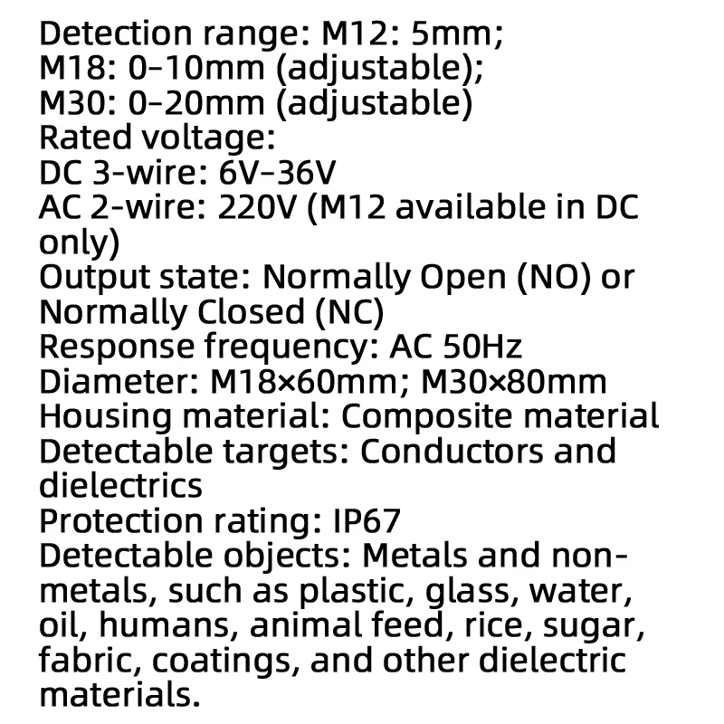 Capacitive Proximity Switch M12/M18/M30  Material Level Sensor (AC/DC 24V–220V; NO/NC; NPN)