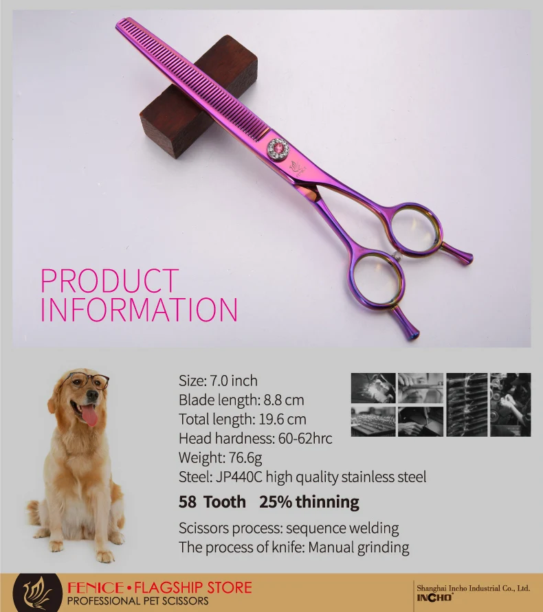Fenice Professional JP440C Stahl 7,0 Zoll Hundepflegeschere zum Scheren von Hunden, Gerade Ausdünnungsschere, 25% Ausdünnung. – Detail 1