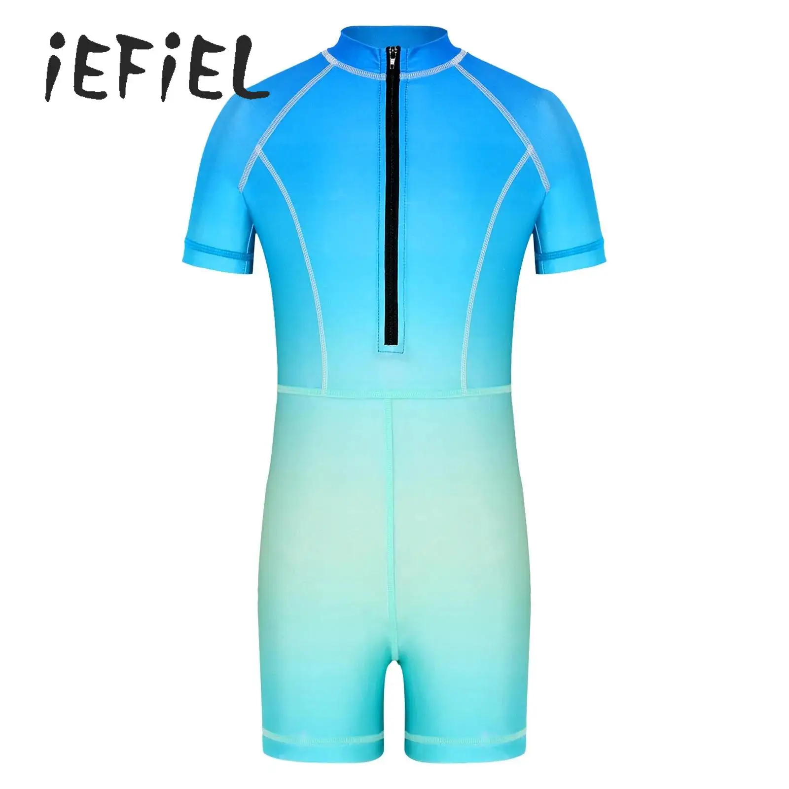 

Unisex Kids Boys Girls Rash Guard Swimsuit Children's Wetsuit One-piece Short Sleeve Front Zipper Swimwear Diving Surfing Suit