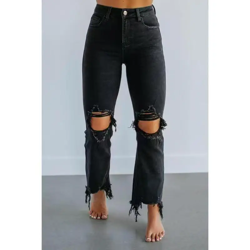Y2K Ripped Straight Leg Jeans Women European American Spring Tight Cropped Street