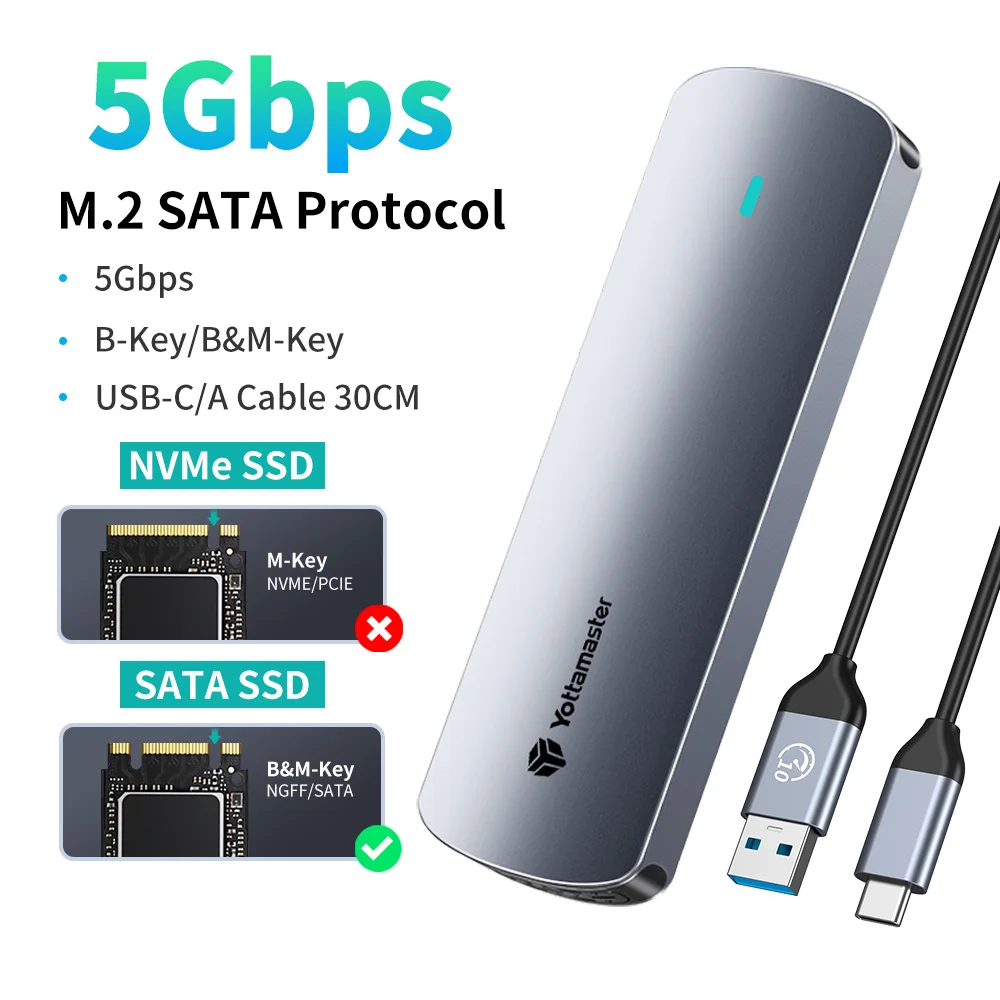 Yottamaster SATA M.2 NVMe SSD-Gehäuse Dual-Protokoll NVMe zu USB Adapter USB 3.1 Gen2 USB-C Externes Gehäuse Aluminiumlegierung