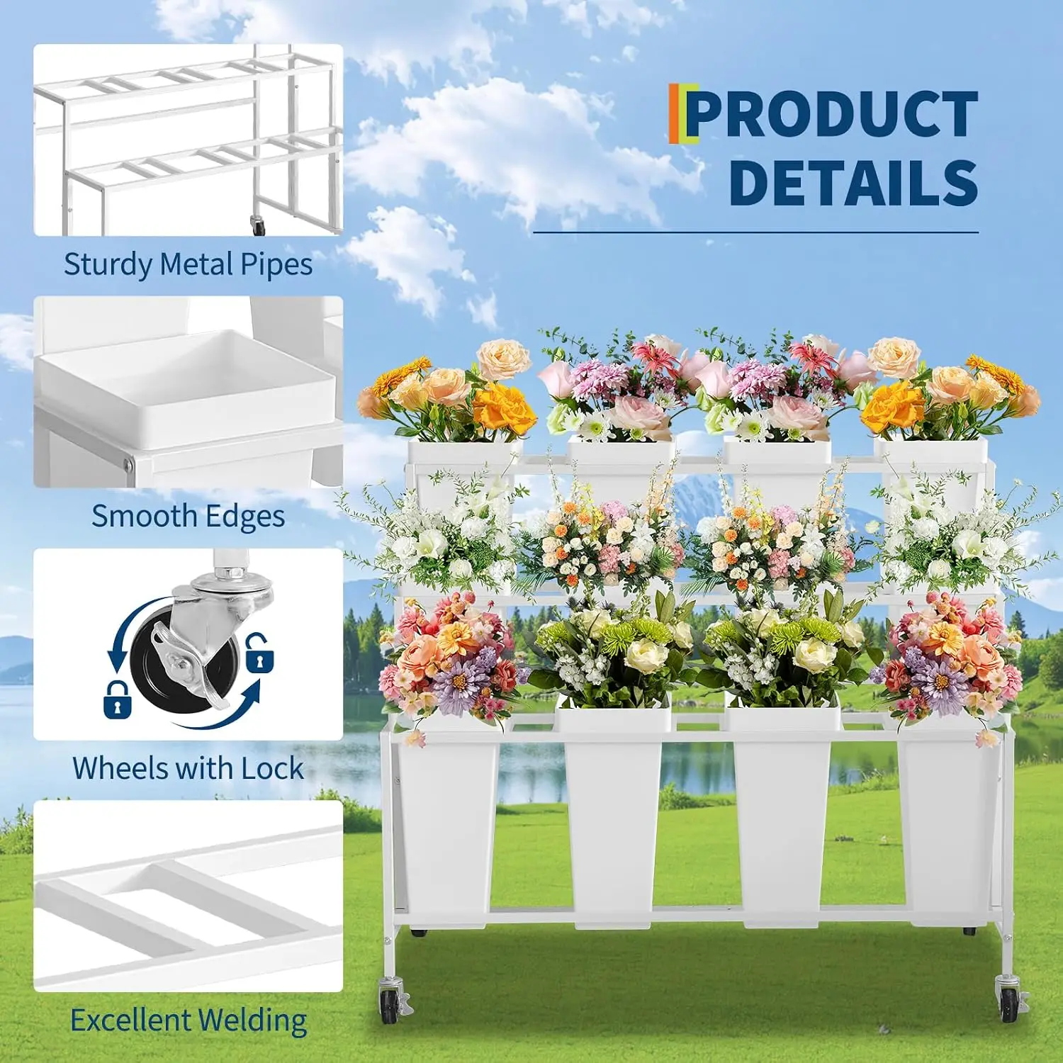 Tacleekii Flower Display Stand with 12 Buckets, Flower Cart 3 Layers White Metal Flower Bar Stand with Wheels, Moving Florist Bouquet Shelf for Weddings Florist Indoor Outdoor Patio Garden Living Room