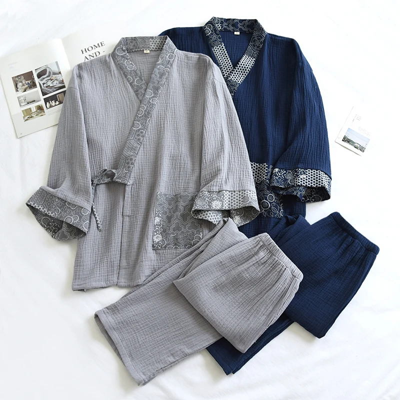 Men Japanese Kimono Pajamas Set Cotton Robe Pants Kimono Haori Yukata Nightgown Sleepwear with Pocket Lace Up