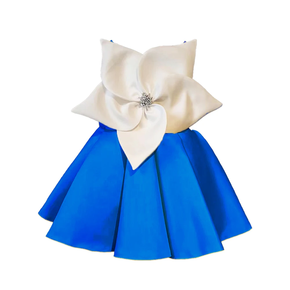 Gelbes Satin Mädchen weiße Blume Party kleid elegantes knielanges V-Back Geburtstags kleid für Kinder Festzug Kleid für 1-14 Jahre Kinder