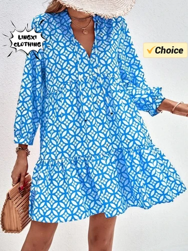 Imagen 2 del producto Moda de verano nuevo vestido estampado elegante Sexy estilo playero temperamento corto cuello en V hasta la rodilla vestido de estilo de vacaciones