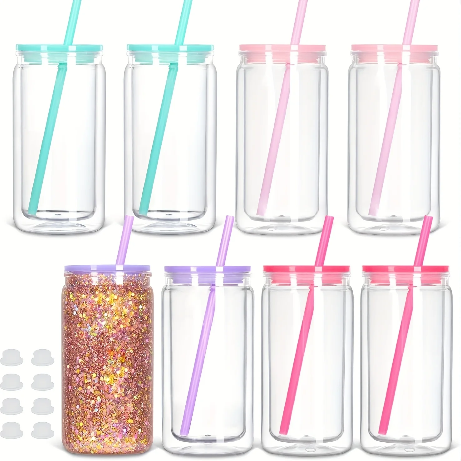 8Pack 16oz Reusable Plastic Snow Globe Cups with Colorful Lids and Straws - Perfect for DIY Glitter Snow Globes, Heat Transfer, Ideal for Gym, Running, Cycling, Hiking, Cold Drinks, Outdoor Adventures, Valentine's Day, Birthdays, New Year Celebration