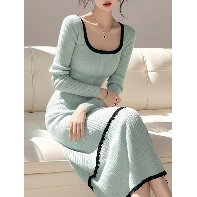 Korean Style Knitted Sweater Dress Square Collar Long Women's Dress Beautiful Unique Autumn Winter Fashion Elegant Perfect wi...