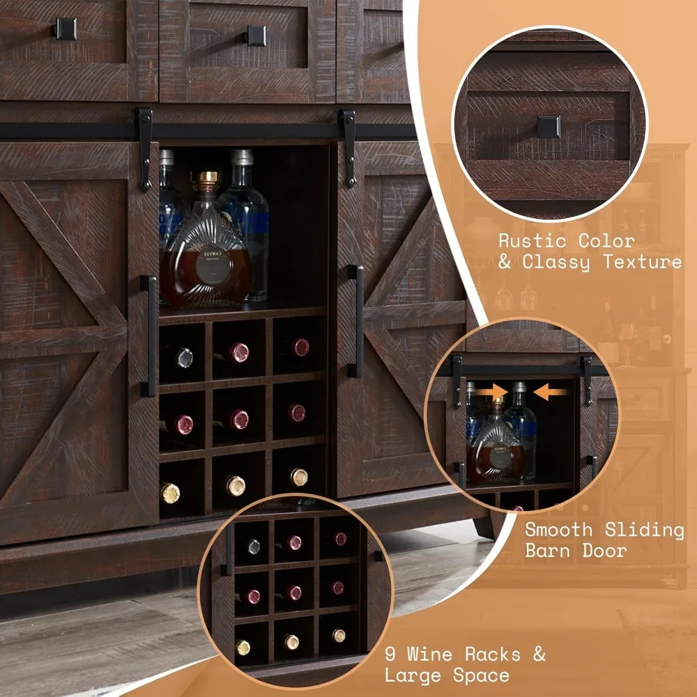 Coffee Bar Cabinet with Sliding Barn Door Farmhouse Kitchen Sideboard, Buffet Storage Table, Wine Glass Racks,Drawers