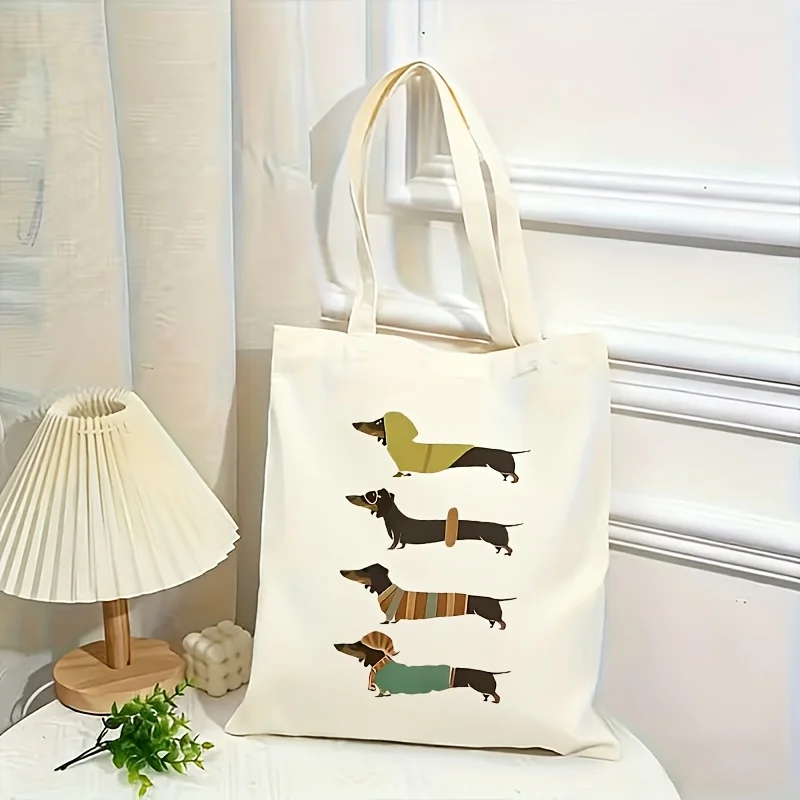 Cute Dachshund Tote Bag, Four Cartoon Sausage Dog Outfits Print Reusable Shopping Bag, Pet Lover Gift for Women, Perfect for Mot
