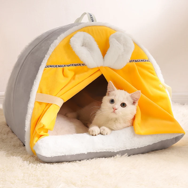 Enclosed Plush Cat Bed Portable Pet Beds Warm Kitten House Soft Pet Basket Small Dog Tent Mat Cats Cave Beds Cushion Cat Lounger