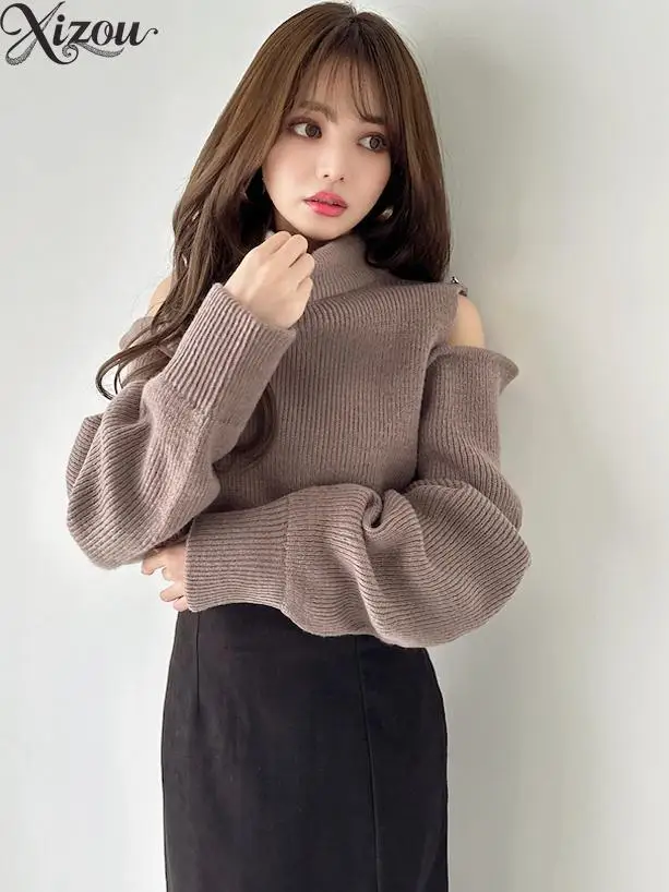 Swetry damskie z odkrytymi ramionami, dzianinowe, japońskie, koreańskie, na jesień i zimę 2025, dopasowane, z golfem, z wysokim kołnierzem, ażurowe, wiązane.