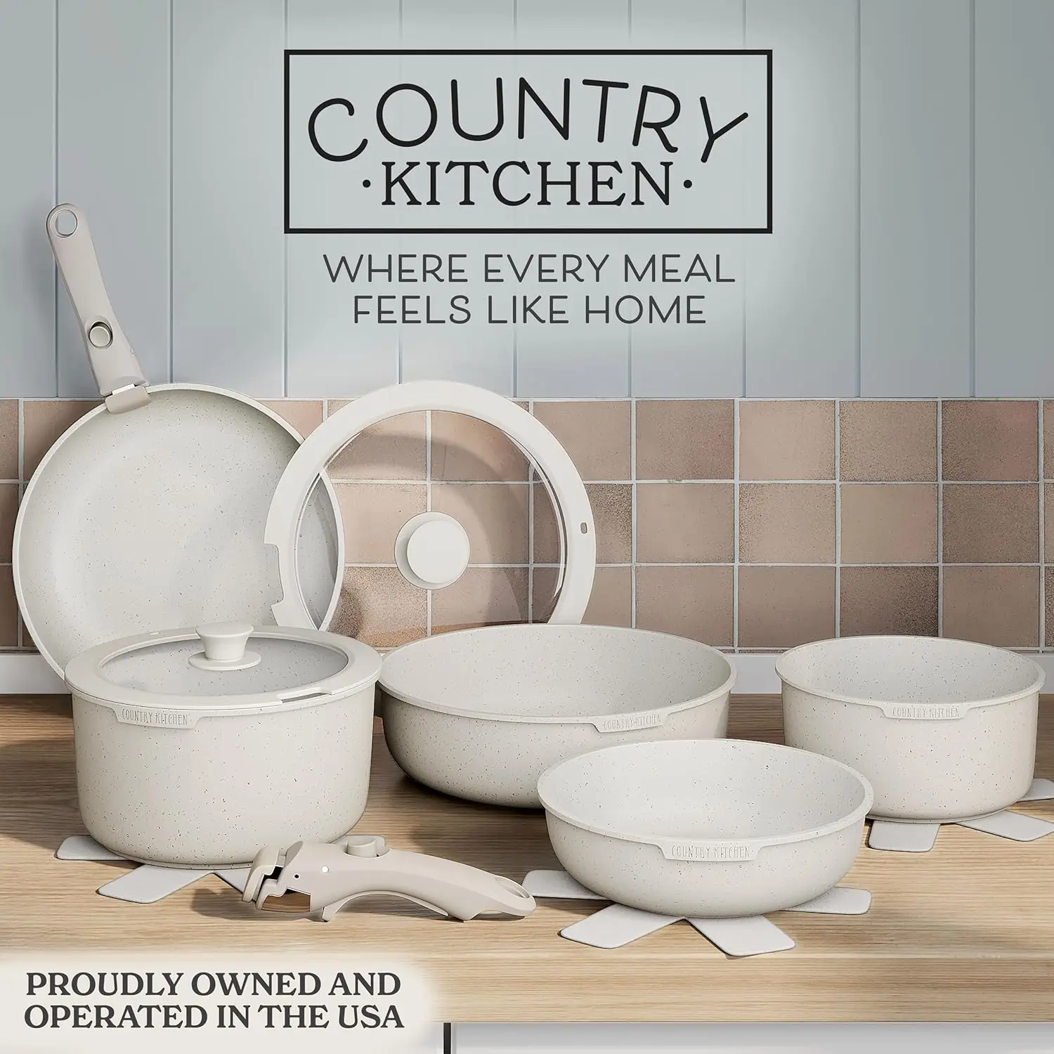 Country Kitchen Cookware Set with Removable Handle, Oven & RV Safe Pots and Pans Set, Cream, Original