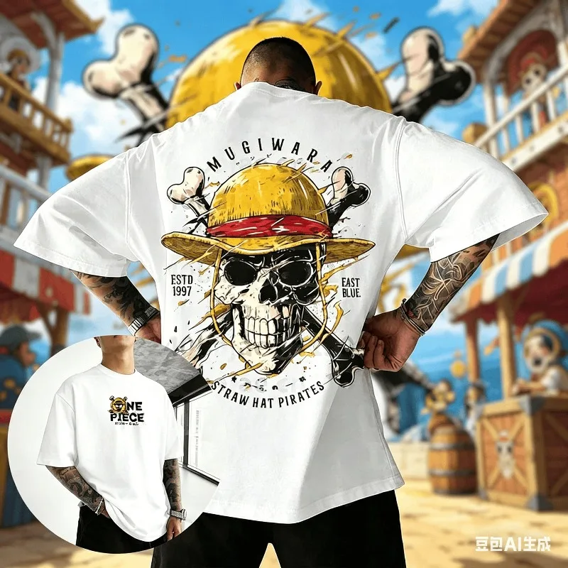 Unisex Oversize One Piece Totenkopf Anime T-Shirt für Männer und Frauen Baumwolle Streetwear Lässiges Kurzarm-Oberteil Grafik-T-Shirt Trendy 2026 Sommer