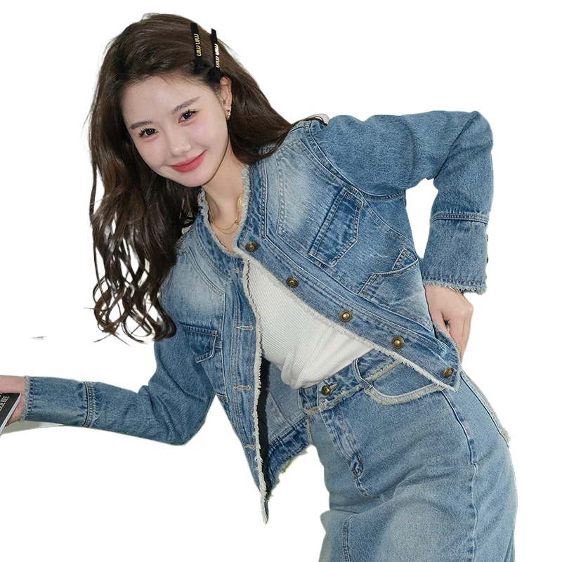 

Удобная джинсовая ткань с круглым вырезом в стиле ретро. Женская весенне-осенняя повседневная джинсовая одежда с длинными рукавами в корейском стиле