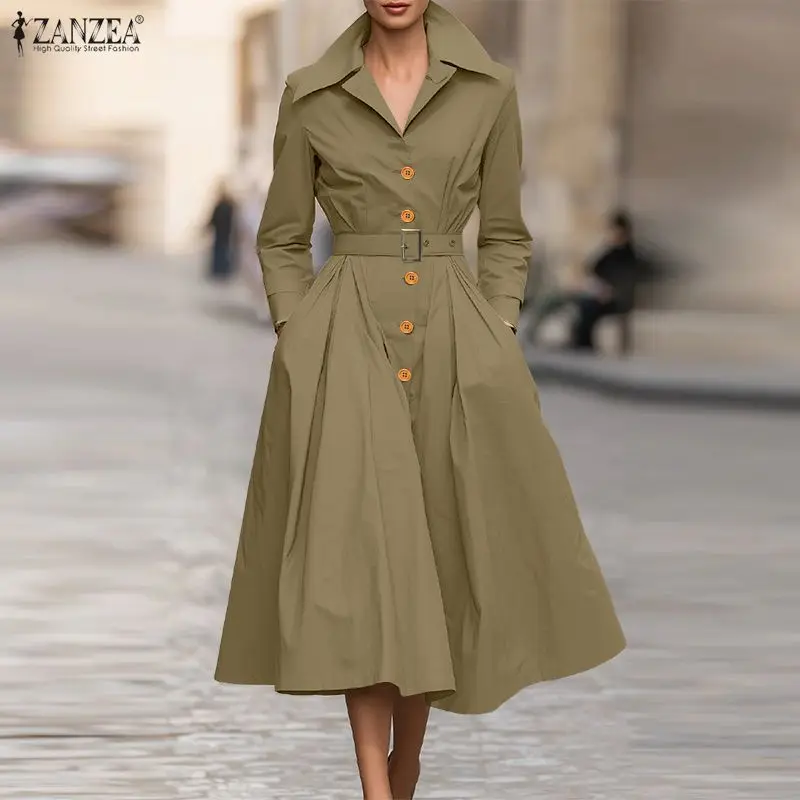 ZANZEA Frühlingsmode für Damen, Midi-Kleider, Reverskragen, lange Ärmel, Cinch-Taille, Knopfleiste, Hemdkleid mit Gürtel, minimalistische Roben für Damen