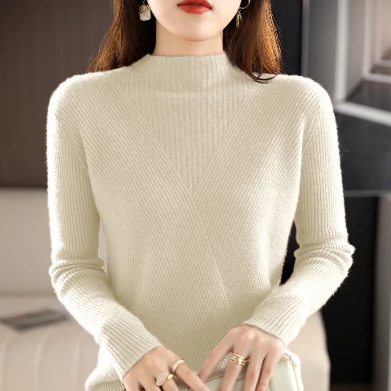 Cashmere Sweater Women Pure Color Half high collar Casual Long-sleeved Loose Pullover Cashmere Sweater Women's