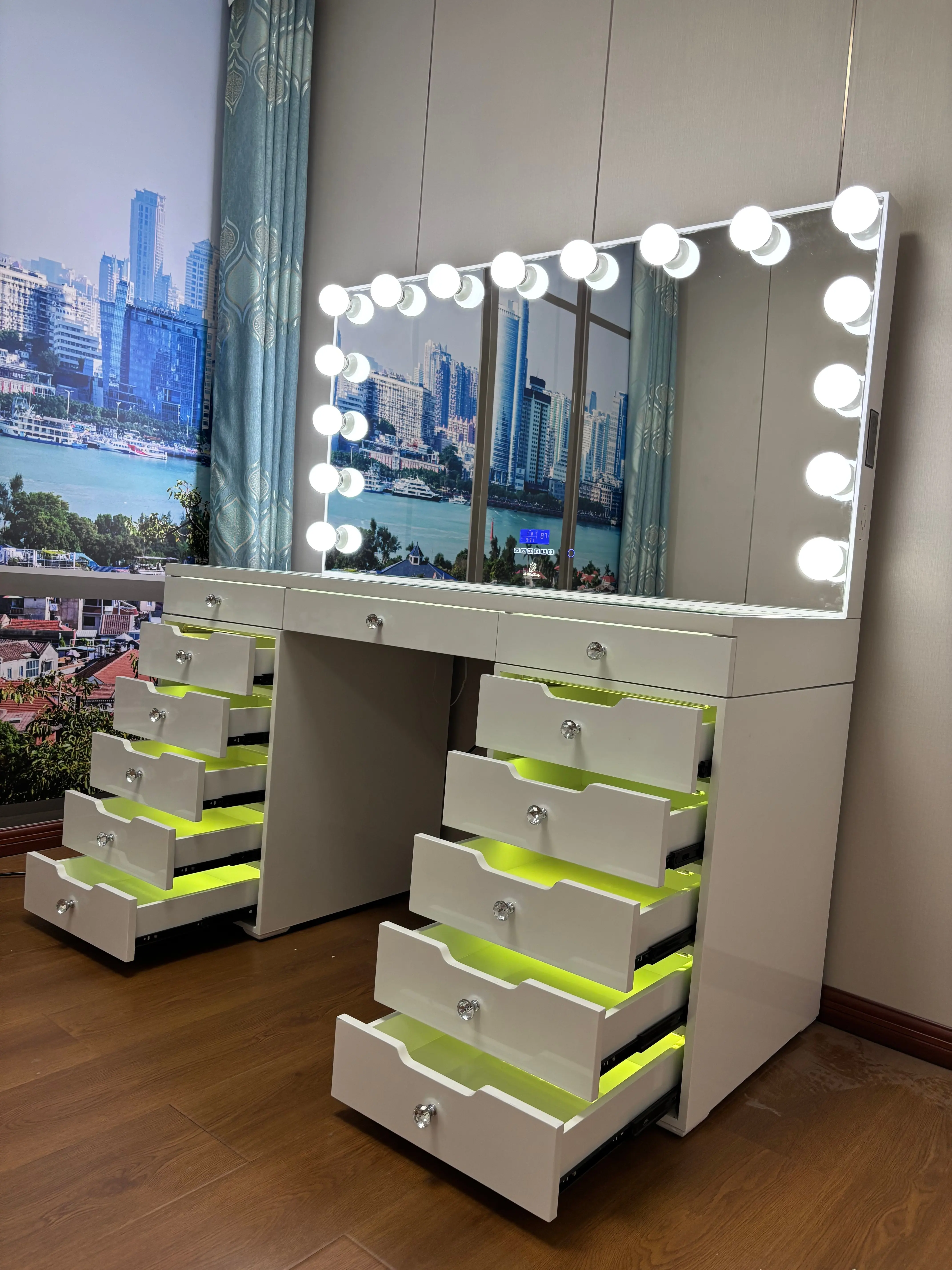 Luxury Glass Vanity Dressing Table LED Light Mirror Storage Modern Wall Mount Makeup Desk for Bedroom Furniture Bathroom