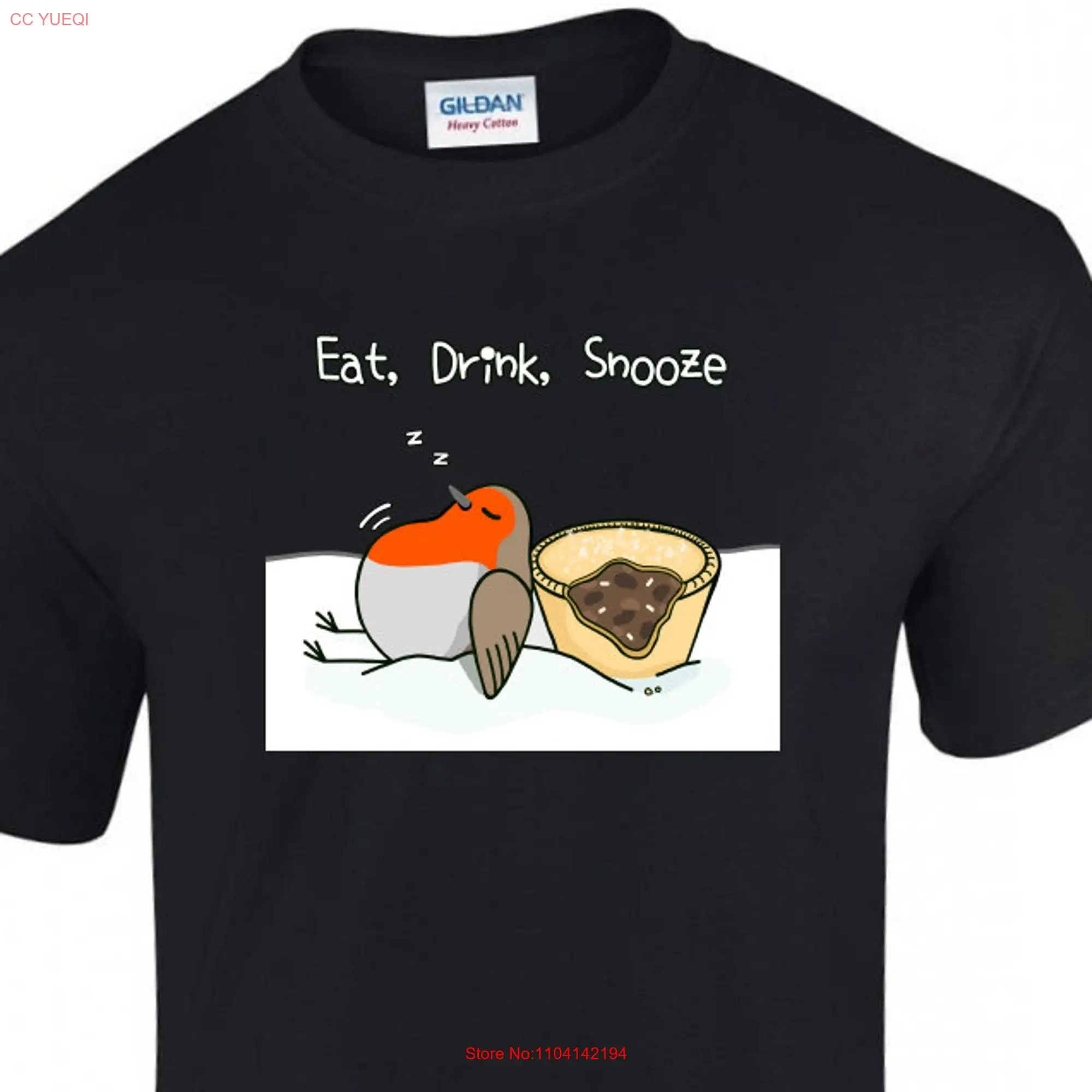 Christmas Robin Eat Drink Snooze 100 Cotton T Shirt Black long or short sleeves