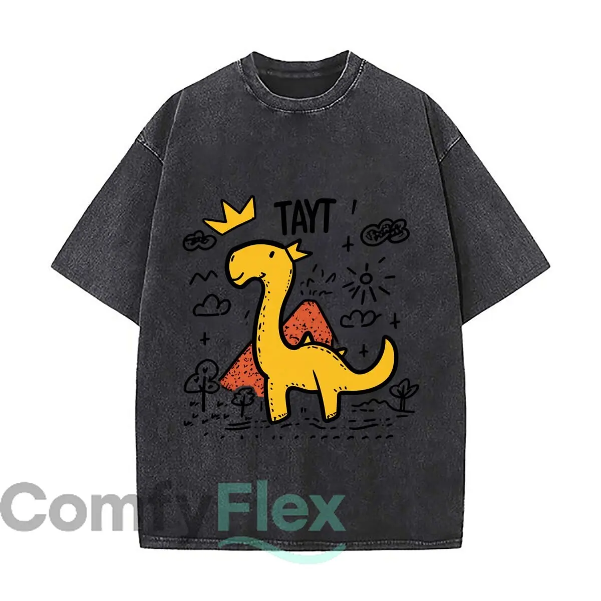 TAYT Dinosaur Crown Volcano Adventure Illustration Vintage Distressed Loose Streetwear Tops for Campus Days