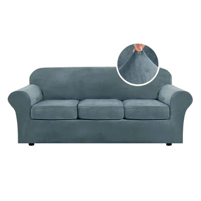 Stretch Sofa Covers for Large 3 Cushion Couch Covers Sofa Slipcovers for Living Room Feature Thick Velvet Fabric Elastic Bottom