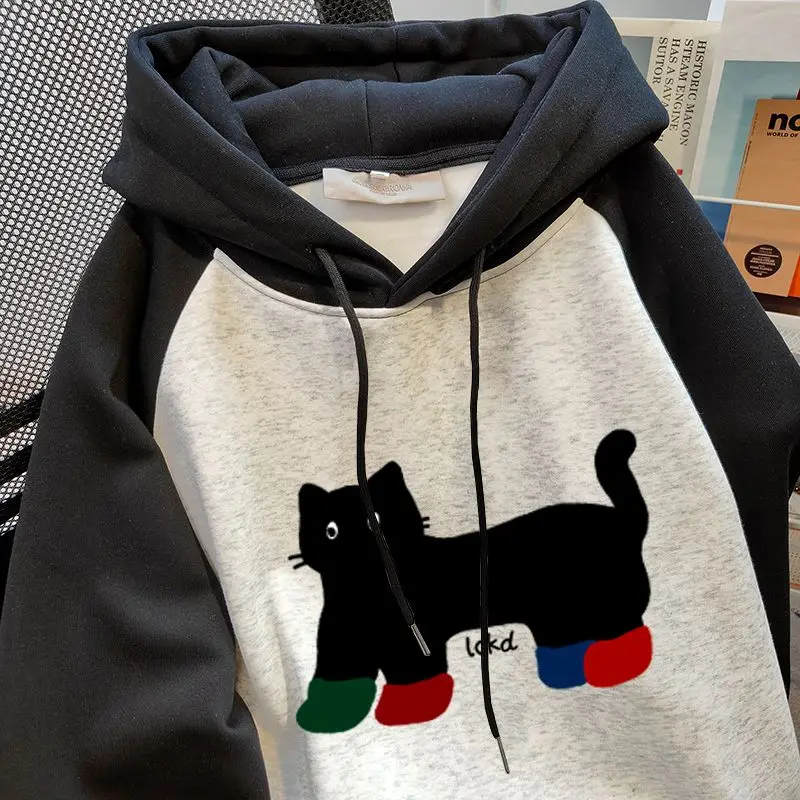 American style autumn and winter men and women trendy personality kitten print hoodie student retro loose Harajuku casual top