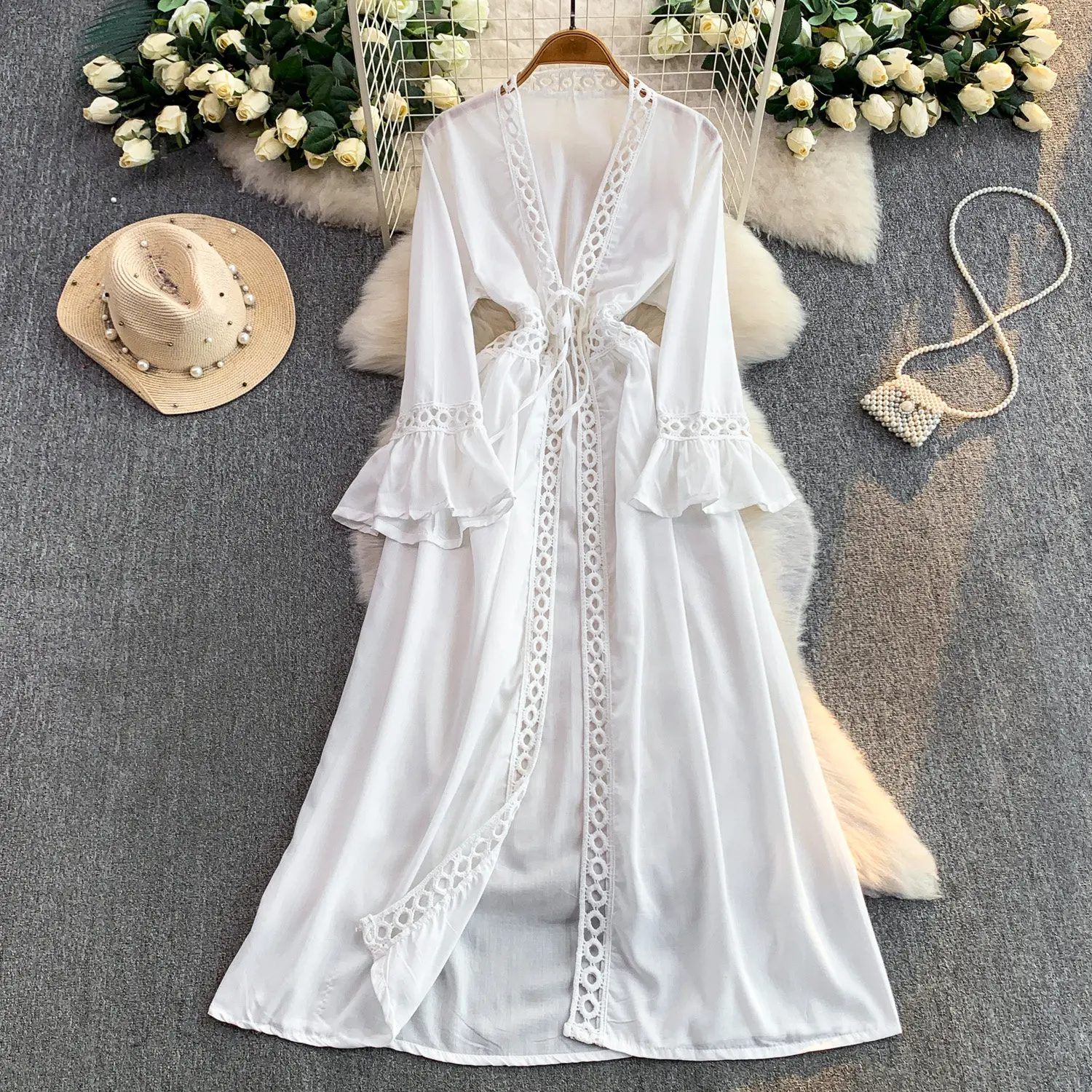 

White Sexy Hollow Out Long Blouses Lace Spliced Flared Sleeve Waist Lace Up Women Lightweight Coat Summer Beach Vacation Dresses