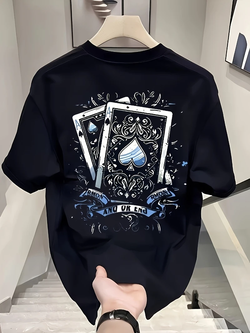 Camiseta solta masculina de algodão pesado de verão – Camisa estampada com padrão de pôquer – Estilo de rua, essencial diário e formal – Top casual