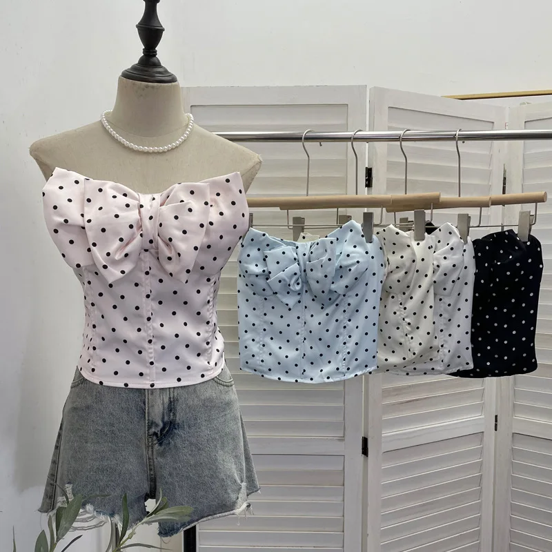 Women Polka Dot Bow Bustier With Chest Pads Anti-slip Strips Boned Corset Tube Top Summer New Sleeveless Casual Vest Top2865