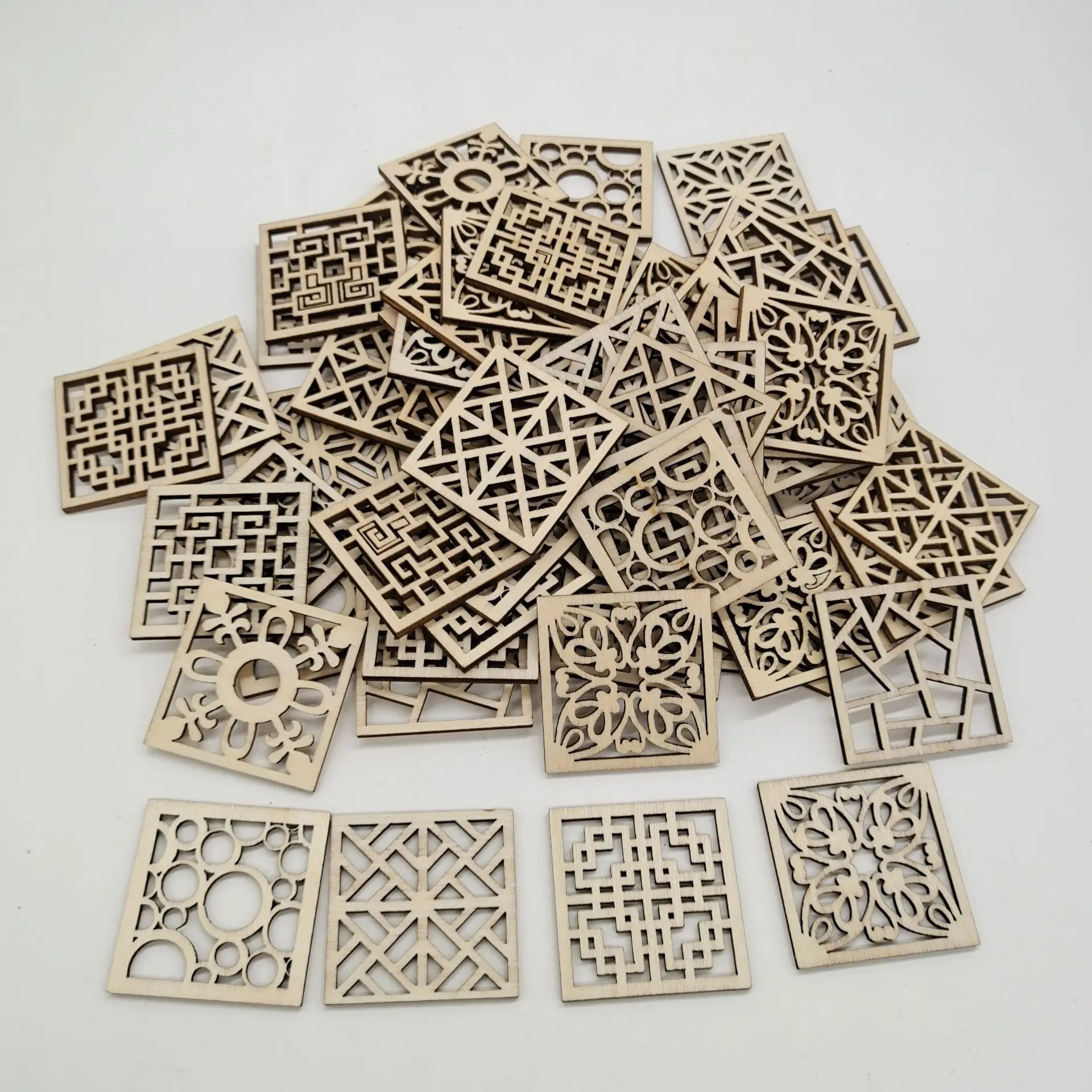 20pcs Laser Cut Wood Embellishment Hollow Out Square Flower Shape Wood Discs Unfinished Wood Cutout for Arts Crafts DIY Decor