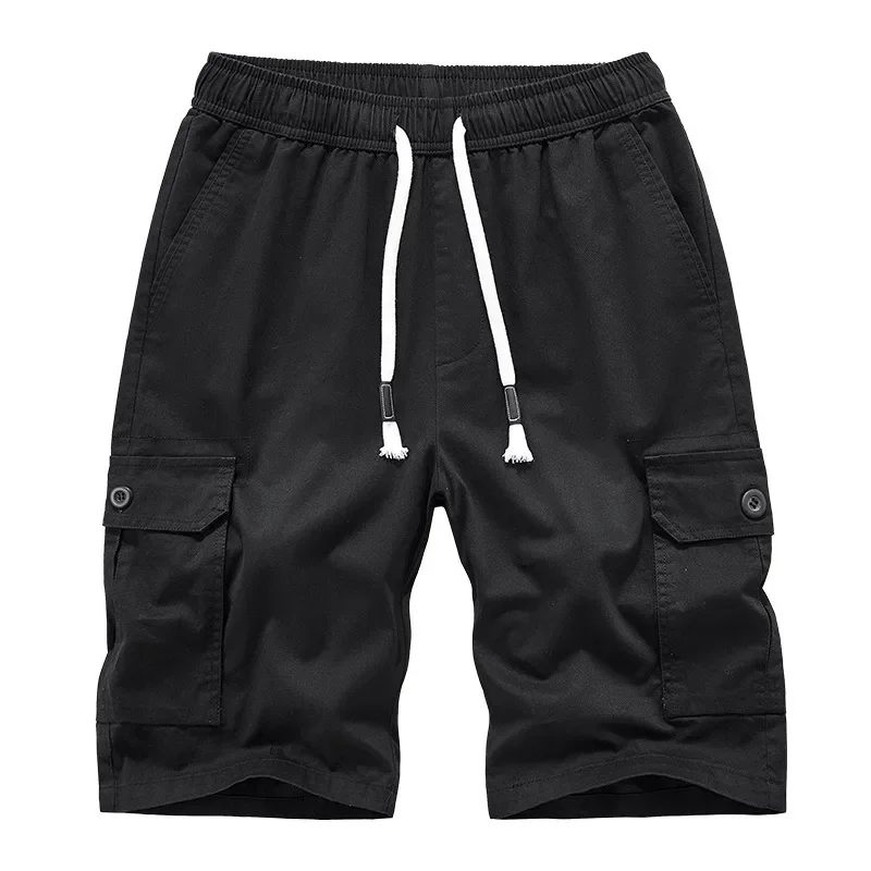 Cotton Cargo Shorts Men Elastic Waist Solid Loose Casual Shorts Mens Sports Jogger Multi Pocket Knee Length Short Pants 30-42