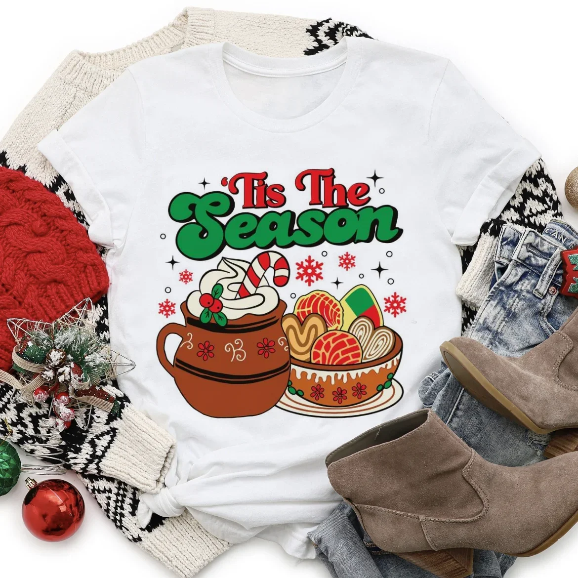 Graphic Cartoon Christmas T-Shirt Style Tis The Season Pan Dulce Christmas Printed O-Neck New Year Casual Women's Cute Top T-Shi