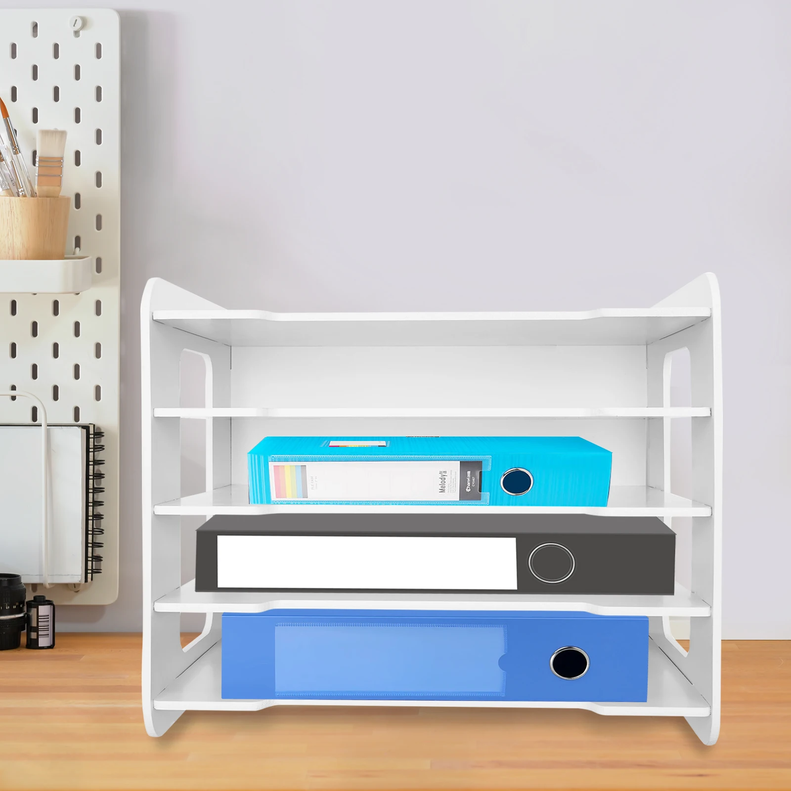 صينية تنظيم المستندات البيضاء مكونة من 5 طبقات - مركب من الخشب والبلاستيك PVC، 13.39 × 10.24 × 10.43 بوصة، هيكل لون نقر، موفر للمساحة