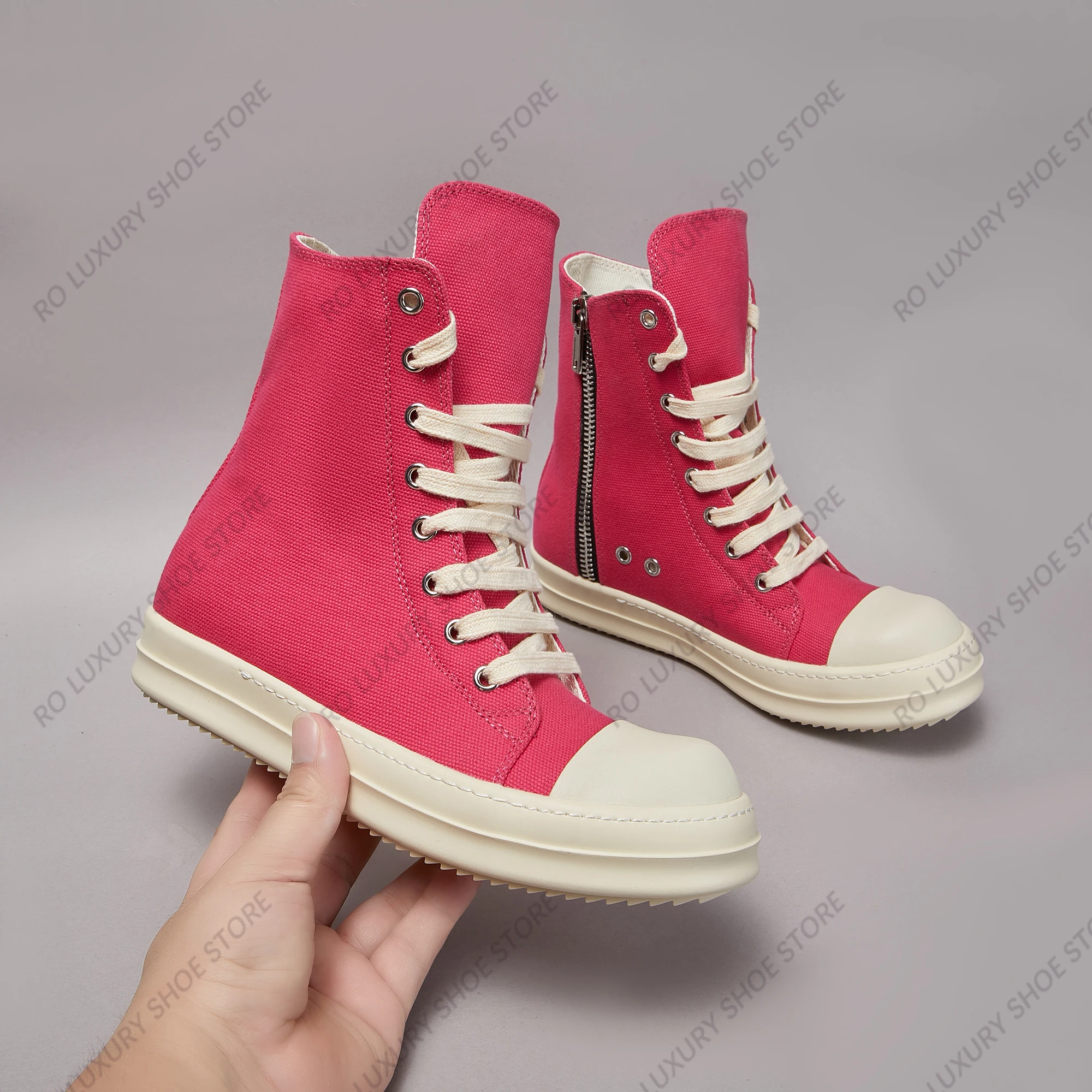 Brand Casual Men Shoe High Top Women Sneaker Quality Ricks Rose-red Ankle Boot Designer Owens Zip Thick-sole Flat Canvas Shoe