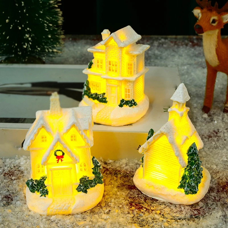 Christmas Decoration House LED Light Xmas Ornaments Small Resin Mini House Miniature Village Building For Home Kids Gifts