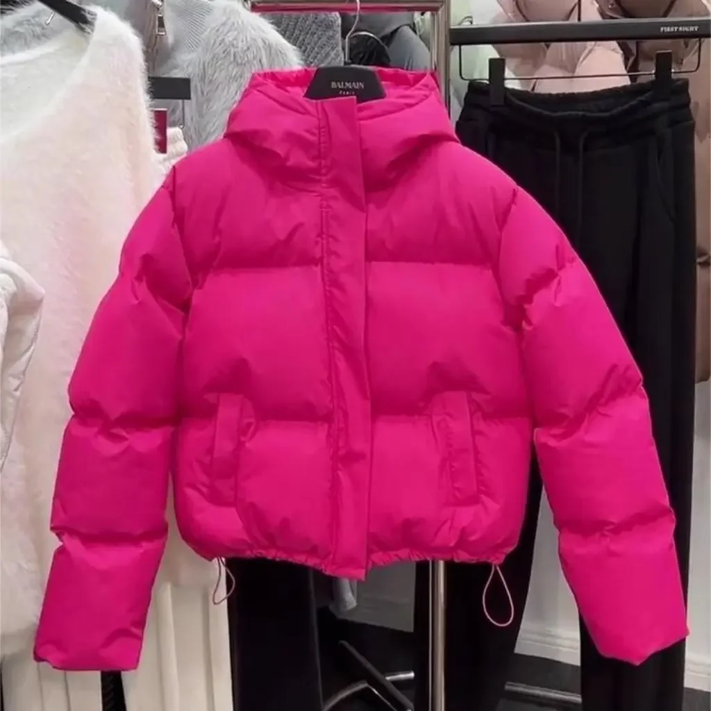 

Women's Short Thickened Cotton Jacket Autumn Winter Stand-Up Collar Dragon Fruit Color European Design Outwear