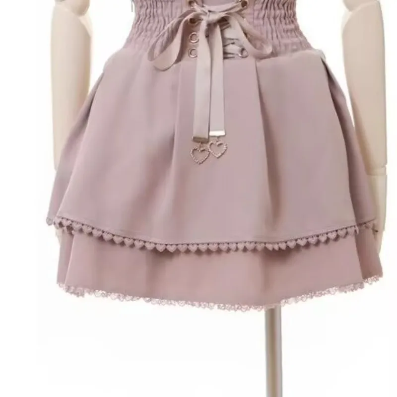 Estilo coreano kawaii bolo rosa mini saias femininas bandagem lolita cintura alta y2k estética doce renda gótico jk faldas saia preta