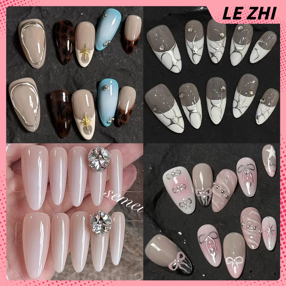 

Sweet Cool Almond Square Handmade French Press On Nails Spice Girls Magic Mirror Powder Rhinestone Bowknot Reusable Fake Nails