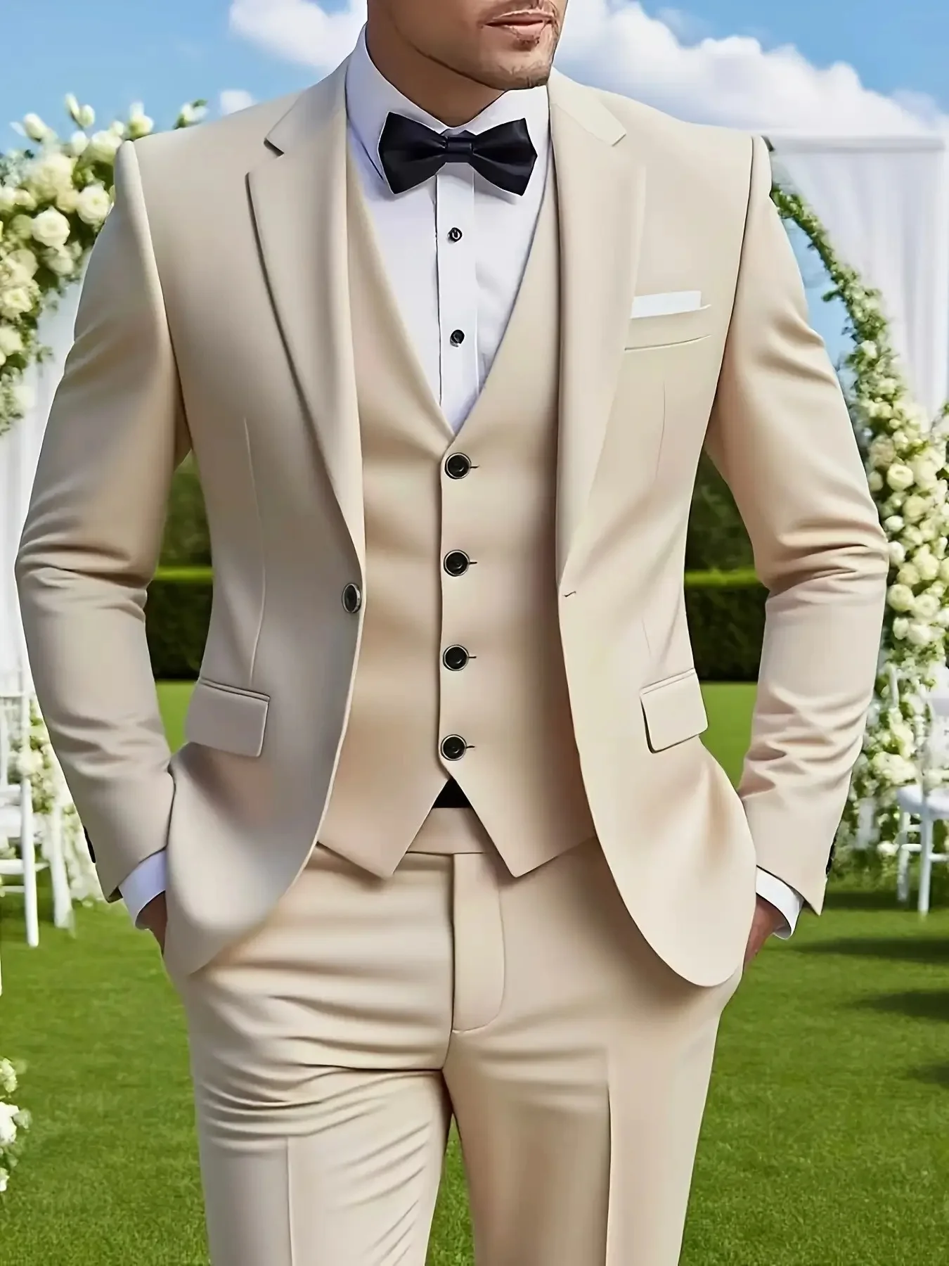 

Modern Slim Fit Men's Suit Set Solid Single Breasted 3-Piece Blazer Vest Pants Elegant Wedding Party Office