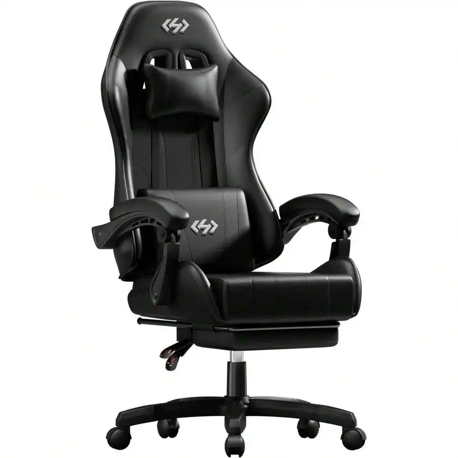 Gaming Chair, Ergonomic Computer Office Chair With Lumbar Support Footrest Headrest, Adjustable Height & Backrest Angle Video Gamer Chair, PU Leather, 360° Swivel, Adult,Black