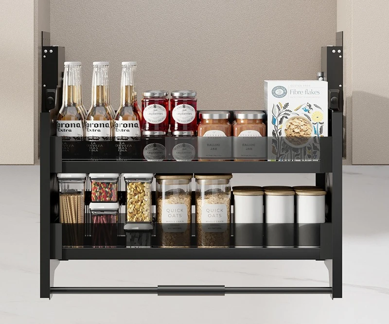 Kitchen wall cabinets,lift-up pull-out baskets,upper and lower soft-top door-opening spice baskets,down-pull retractable shelves