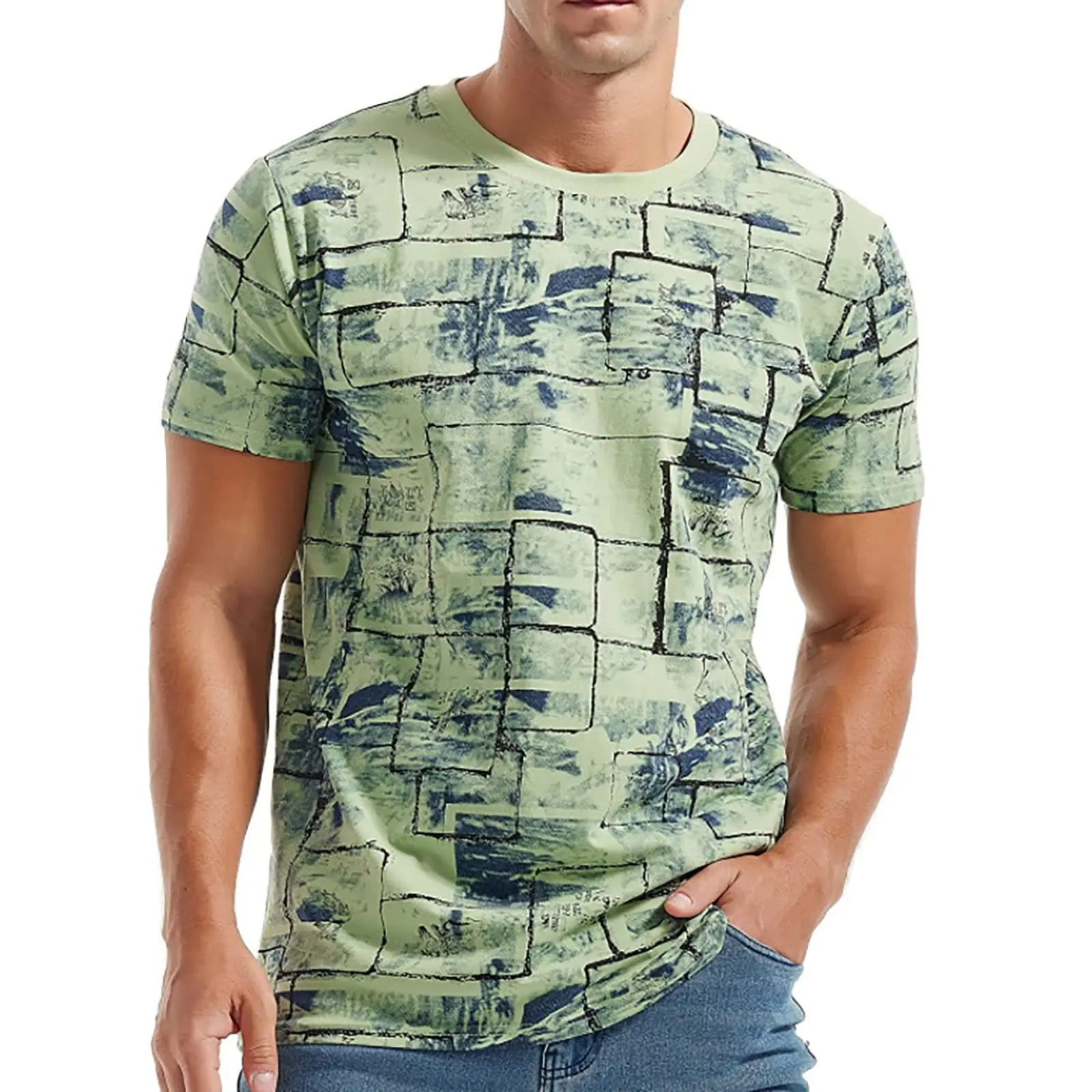 

Summer men's T-shirt loose top casual round neck short sleeve fashion 3D printing brick pattern printing casual fashion T-shirt