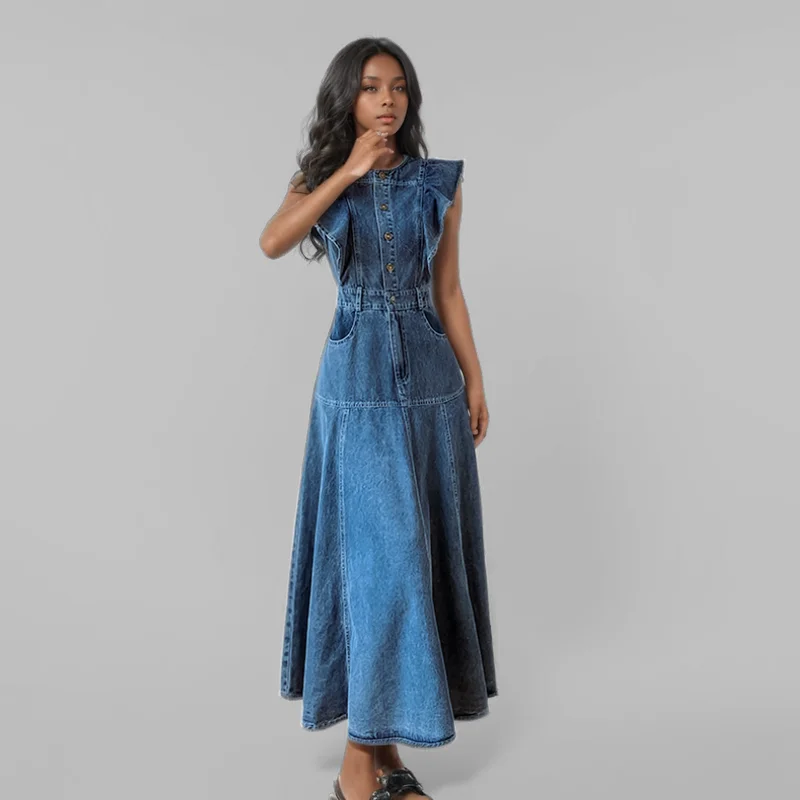 WTHT Fashion Women\'s Ruffled Edge Sleeveless Denim Long Dress 2024 Autumn O-neck Single Breasted Pleated Dresses Female 1LS125