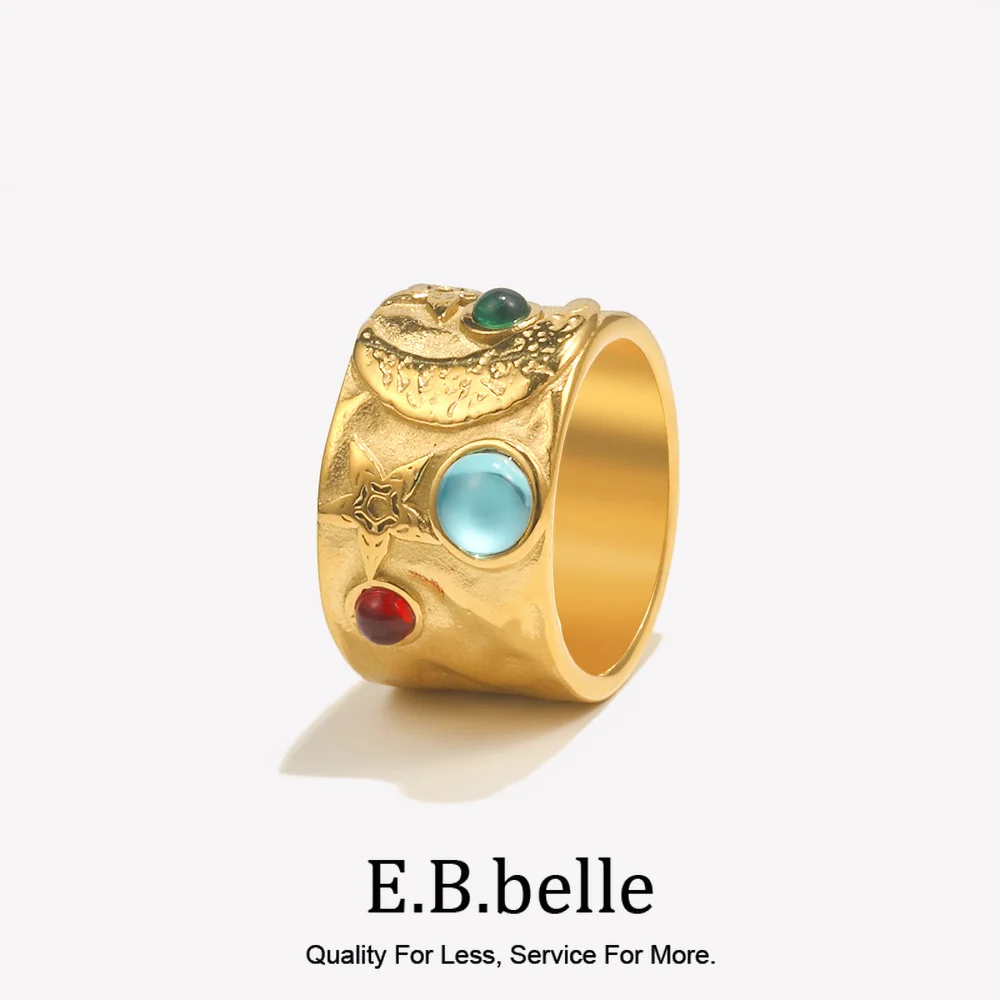 E.B.belle Smooth Wide Facted Relief Blue Green Color Gemstone Ring Gold Plated Stainless Steel Party Women Jewelry Gifts