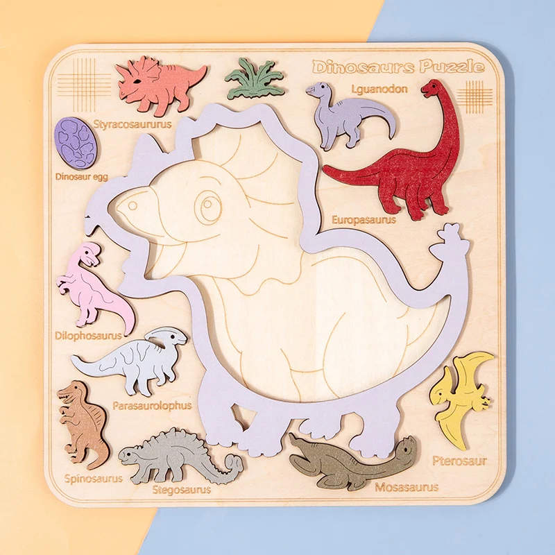 Montessori-Puzzles de dinosaures en bois pour enfants, 3D, alth, dos, casse-tête, jeu de société, jouets, cadeaux pour enfants