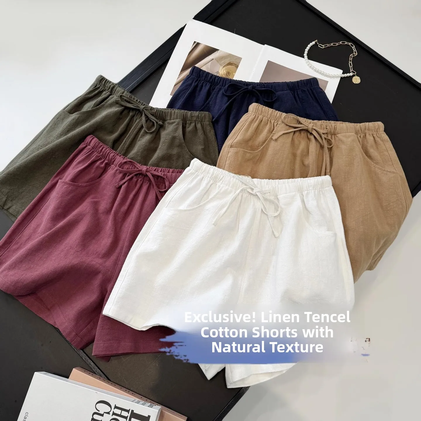 Lightweight Breathable Lin Lyocell Cotton Natural Texture A-Line Loose Wide Leg Casual Shorts for Women Summer 2026 Casual Style