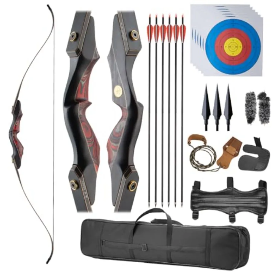 

Outdoor hunting recurve bow set for adults and youth beginners: 60'' wooden takedown, right-hand, 30/40/50lbs, natural wood fin