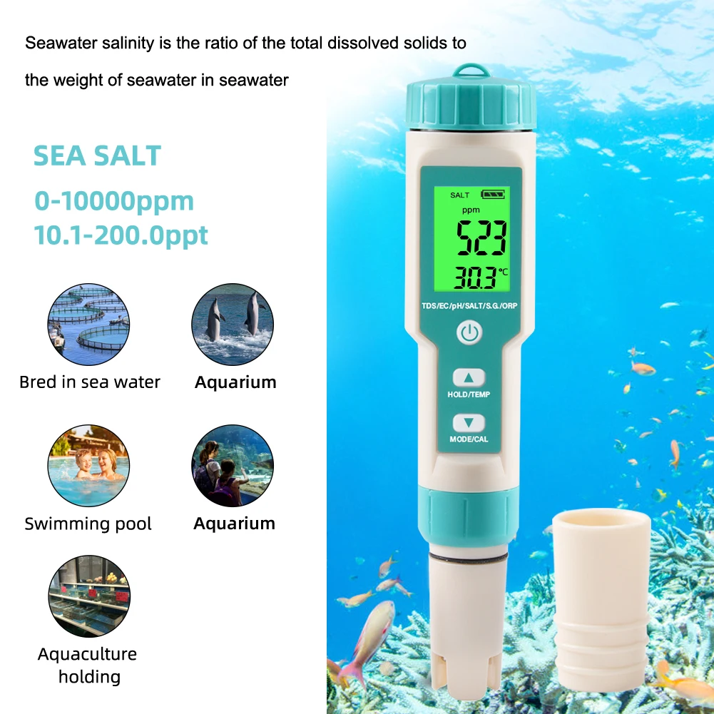 Yieryi New 7 in 1 PH / TDS / EC / ORP / Seawater Specific Gravity / Salinity / Temperature C-600 PH Meter Water Quality Monitor