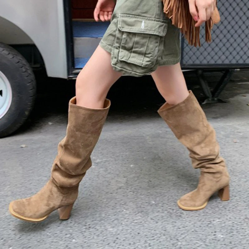 

Faux Suede High Heels Long Boots Women Winter Fashion Pleated Cowboy Boots Woman 2023 Round Toe Slip-On Riding Botas De Mujer