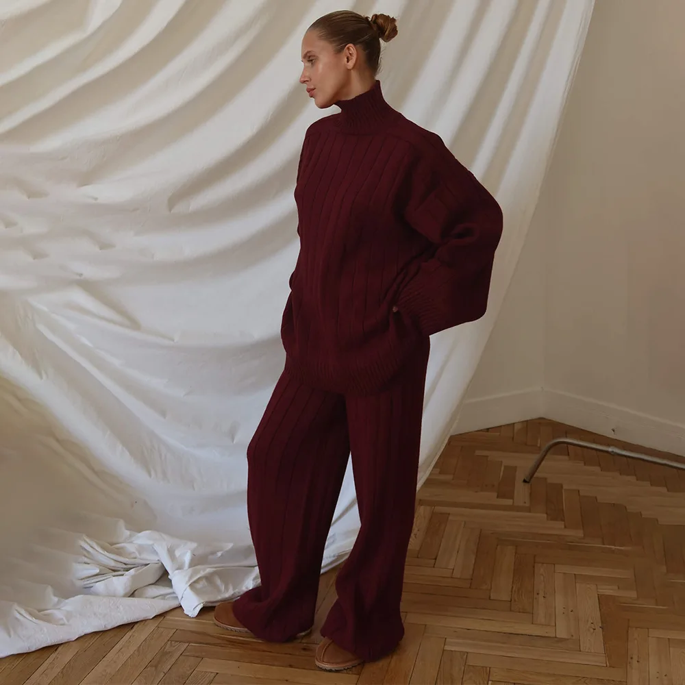 Women Winter Loose Knit Turtleneck Sweater Wide Leg Pants 2 Piece Set